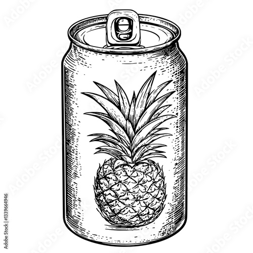 Engraved illustration of a vintage soda can featuring a hand-drawn pineapple design in black and white