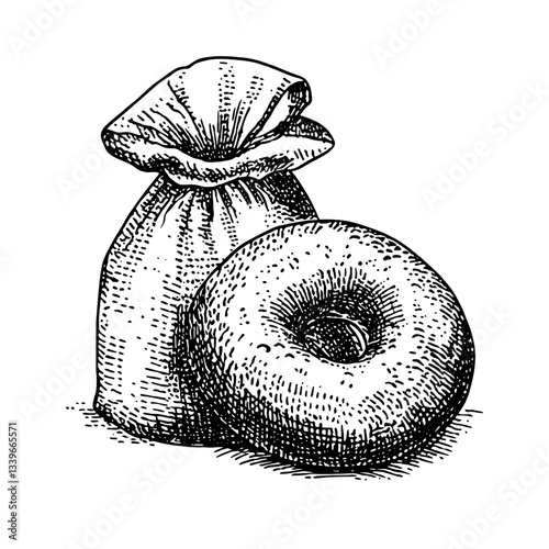 Artistic engraving of a vintage sack beside a perfectly round donut showcasing classic design elements