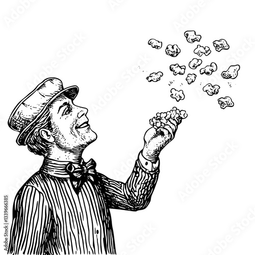 Engraved illustration of a vintage vendor joyfully tossing popcorn into the air, capturing the essence of nostalgic entertainment