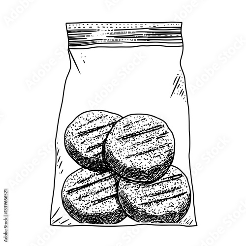 Engraved illustration of a vintage bag containing hand-drawn circular cookies with a textured surface
