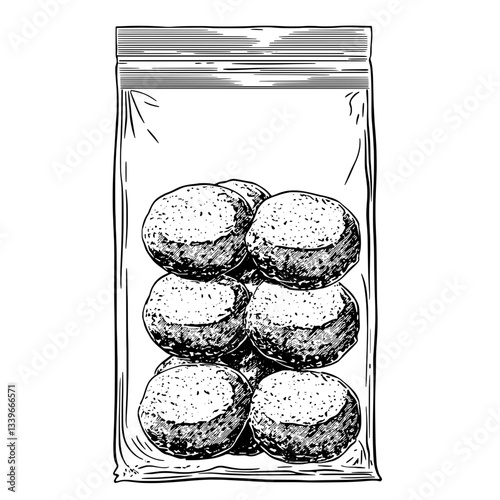 Engraved illustration of a vintage snack bag showcasing round, hand-drawn treats in an artistic premium design