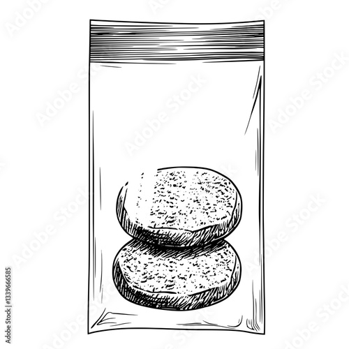 Engraved vintage illustration of two round cookies in a transparent bag showcasing handcrafted design