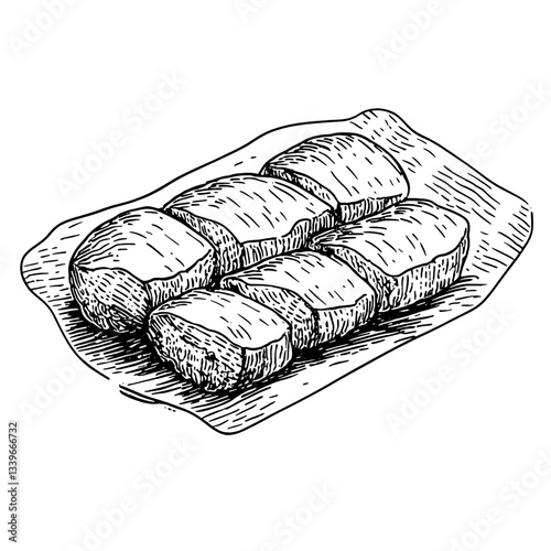 Delicate hand-drawn illustration of vintage engraved bread loaves on a rustic platter capturing artisanal baking charm