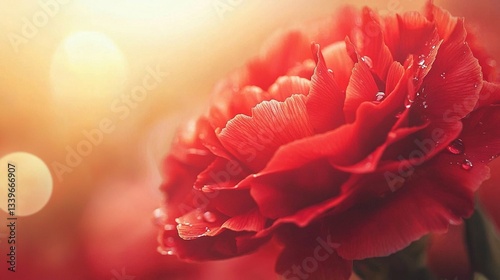   Close-up of a red flower with water droplets on its petals against a bright yellow background