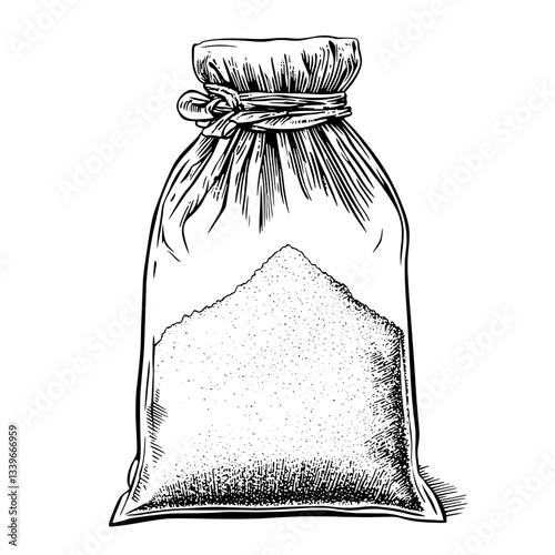 Intricate vintage engraving of a tied burlap sack filled with fine white powder, showcasing a classic design element