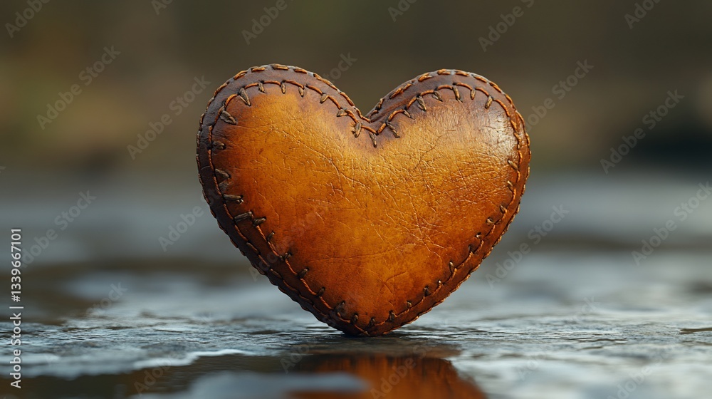 Fototapeta premium Handcrafted leather heart on rock near water.