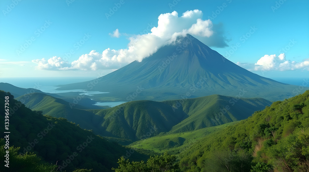 Scenic Green Mountain Volcano Landscape with Lush Hills and Clouds Nature View Scenic Green Mountain Volcano Landscape with Lush Hills and Clouds Nature View