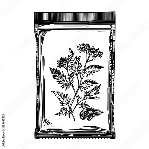 Vintage hand-drawn engraving of an herb seed packet featuring intricate botanical design