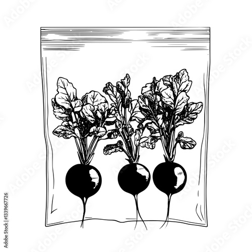 Engraved illustration of fresh radishes in a vintage bag highlighting the art of gardening and natural produce design
