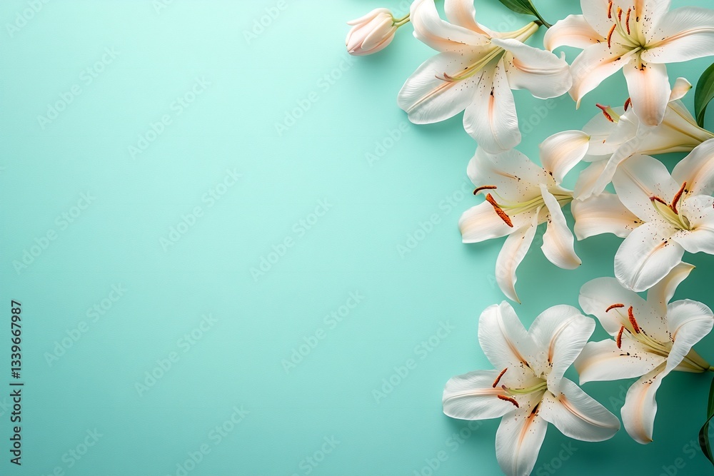 Naklejka premium Easter Background, Easter Banner, Elegant White Lilies on Aqua Background Floral Arrangement Spring Summer