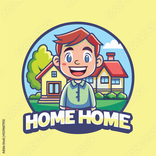 Cartoon Character Illustration of a Home Line Art Vector Logo