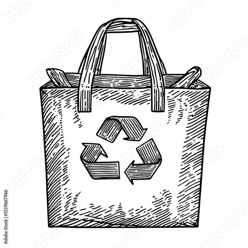 Elegant hand-drawn illustration of a vintage reusable bag featuring a distinctive recycling symbol