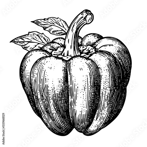 Vintage engraved illustration of a bell pepper showcasing intricate details and hand-drawn elegance in black and white