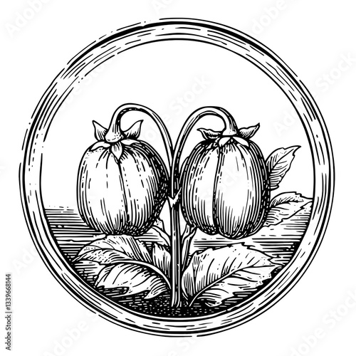 Engraved illustration of vintage pumpkins intertwined with leaves, showcasing artful intricacies and classic design elements