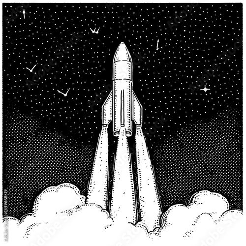 Engraved illustration of a rocket launching into the starry night sky with vibrant clouds below