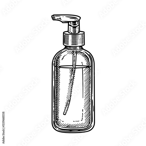 Engraved illustration of a vintage hand-drawn pump bottle design for premium products