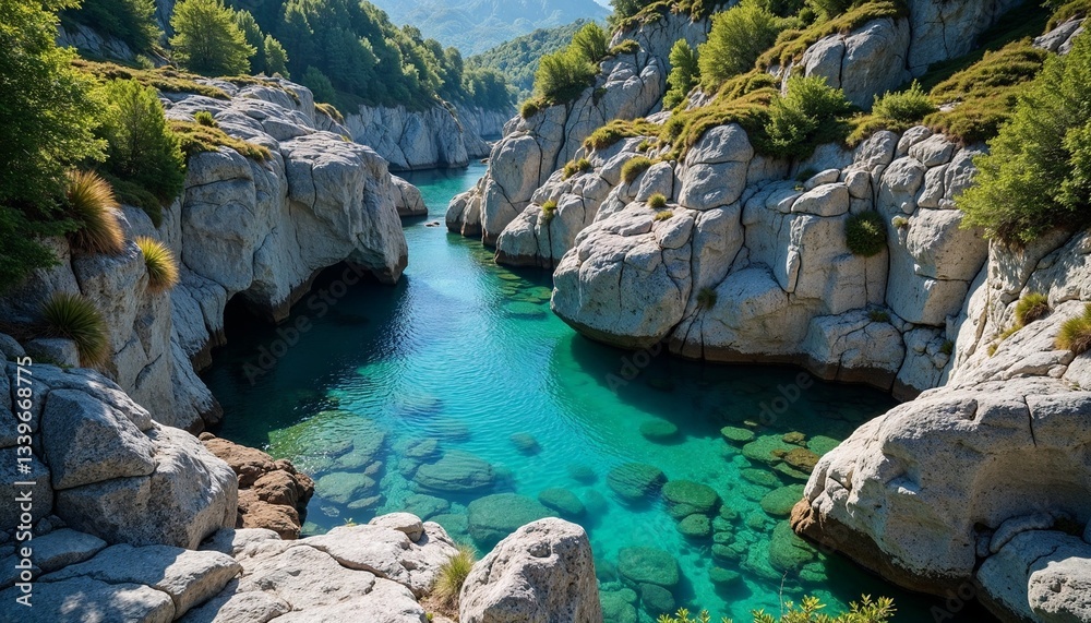 Serene blue river between rocky cliffs and lush green trees Serene blue river between rocky cliffs and lush green trees