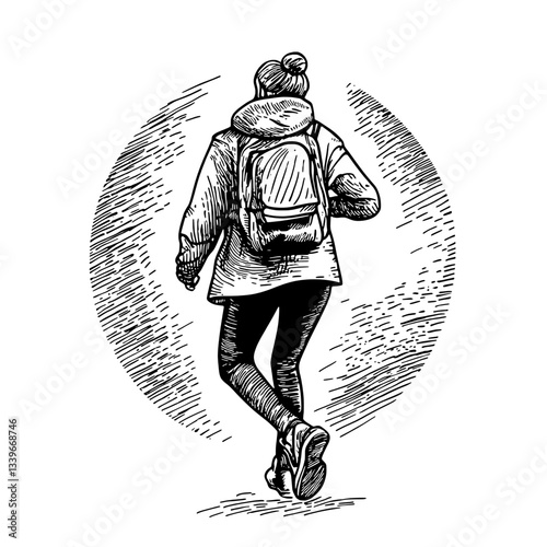 Walking through a vintage ink illustration of a traveler in a jacket and backpack heading toward adventure
