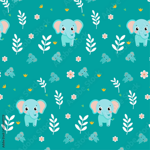 Cute Cartoon Baby Elephants with Flowers and Leaves on Teal Background