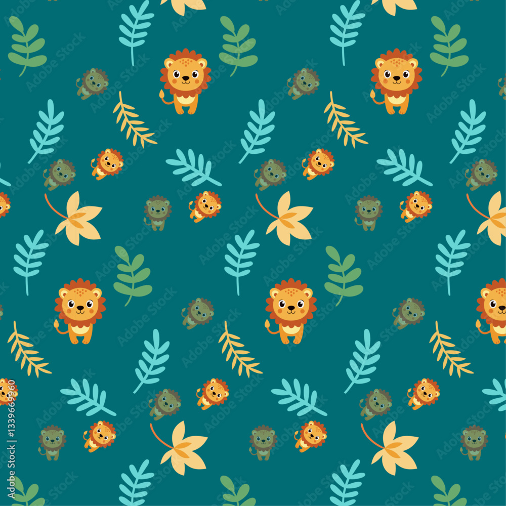 Fototapeta premium Cute Cartoon Lions and Tropical Leaves Pattern on Teal Background