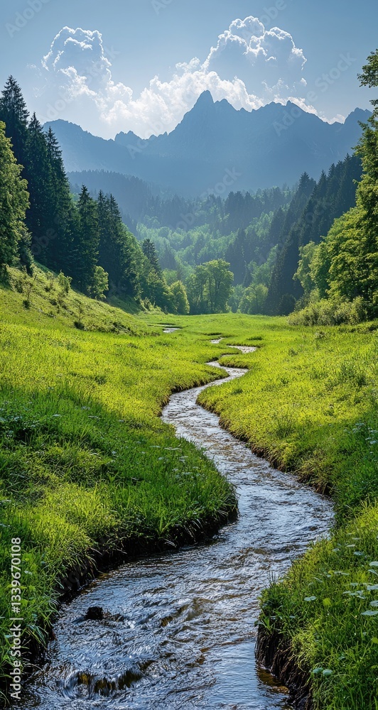 Fototapeta premium Serene stream flows through lush green meadow, nestled in valley with majestic mountains under a bright blue sky. Tranquil nature scene