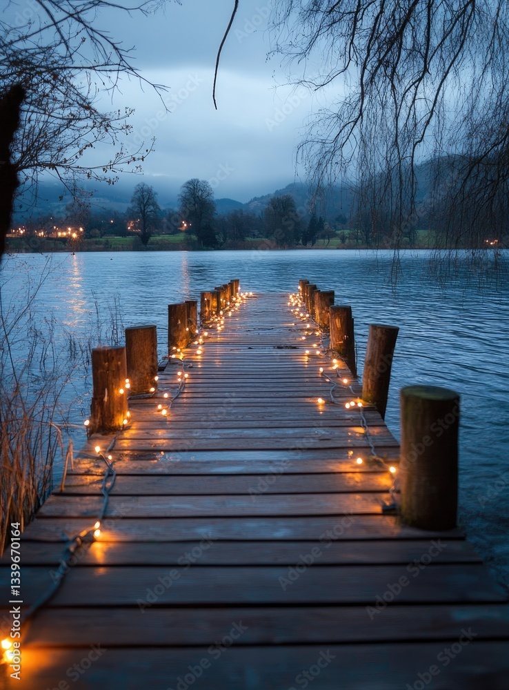 Obraz premium Wooden pier with fairy lights extends over calm lake at twilight, creating a serene and magical atmosphere. Dark water reflects the soft light. 