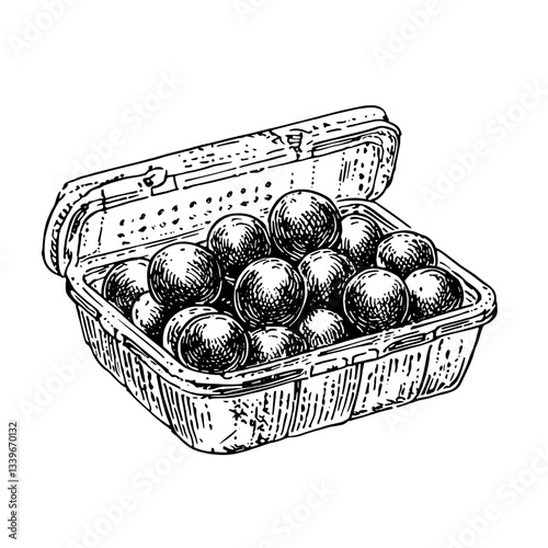 Engraved illustration of a vintage basket filled with hand-drawn decorative spheres in black and white, perfect for tattoo and design inspiration