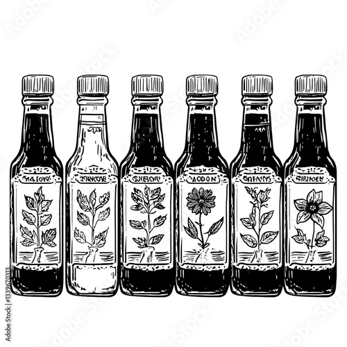Vintage engraved illustration of assorted herbal tinctures in elegant glass bottles with botanical designs