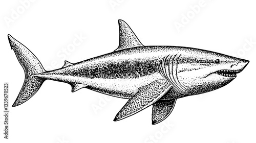 Detailed vintage engraving of a majestic shark swimming in the deep ocean, showcasing intricate details of its powerful form and features
