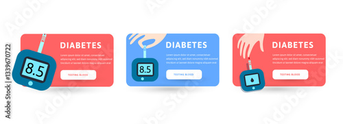Diabetes awareness banners featuring blood glucose meters and testing process. Blood sugar monitoring, medical care, health education. Flat infographic design. Vector illustration