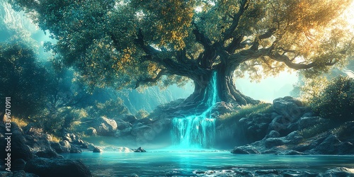 Magical Tree with Glowing Waterfall in Enchanted Forest Landscape