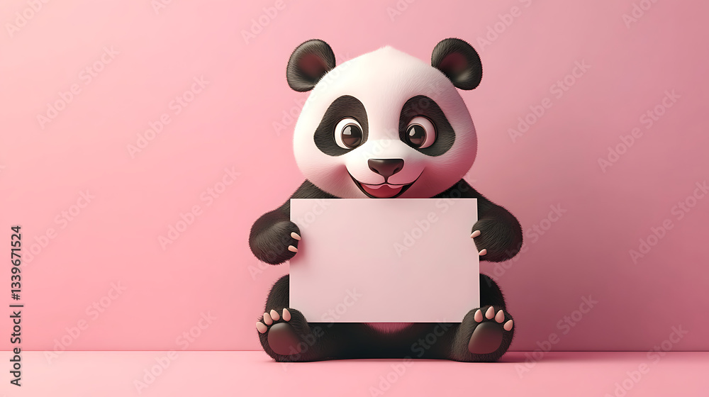 Fototapeta premium Cartoon panda character holding a blank sign against a pink background, playful and inviting