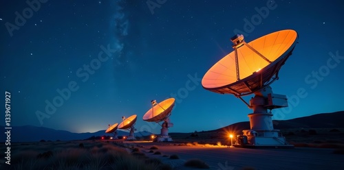 Fototapeta Naklejka Na Ścianę i Meble -  Illuminated radio telescope dishes under sparkling stars at night, night scene, observation, space exploration