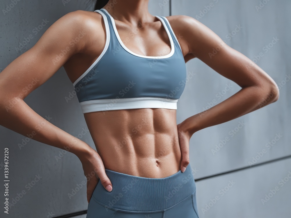 Athletic woman showcasing toned abs in a sports outfit, posed confidently against a minimalist background. Athletic woman showcasing toned abs in a sports outfit, posed confidently against a minimalist background.