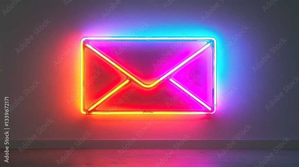 Neon envelope sign, glowing in vibrant colors on a white background, symbolizing digital communication, the fast-paced nature of messaging, and the importance of connectivity in modern business. Neon envelope sign, glowing in vibrant colors on a white background, symbolizing digital communication, the fast-paced nature of messaging, and the importance of connectivity in modern business.