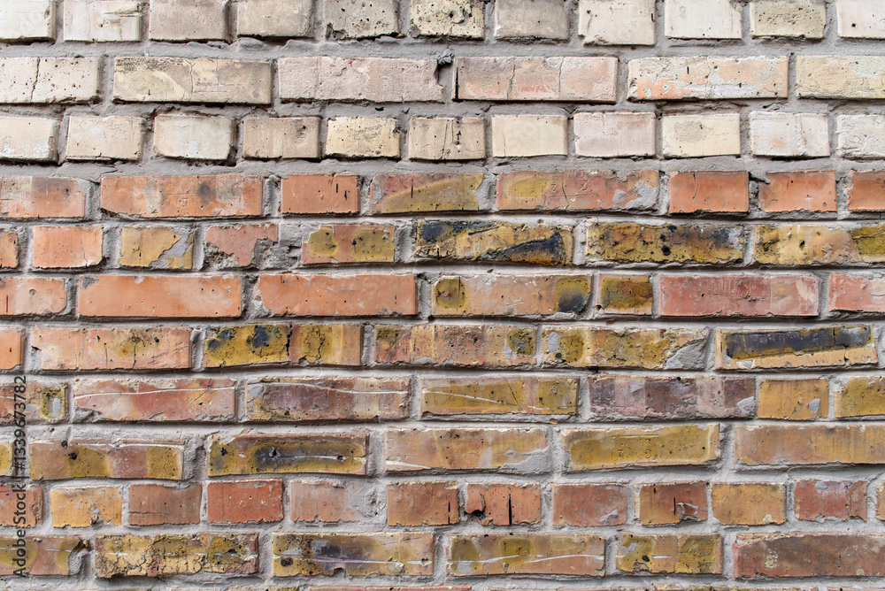 Naklejka premium Worn brick wall with yellow and red hues
