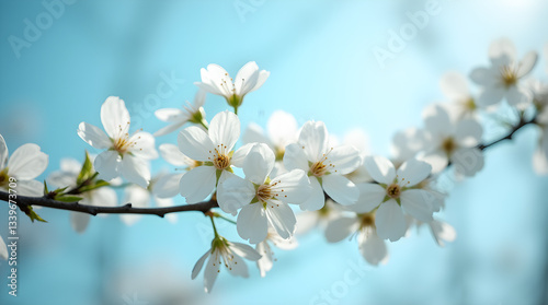 Elegant White Cherry Blossoms Blooming on Tree Branch with Soft Blue Sky Bokeh - Spring Floral Nature Detailed Close-Up Beauty Serene Vibrant Sunlight