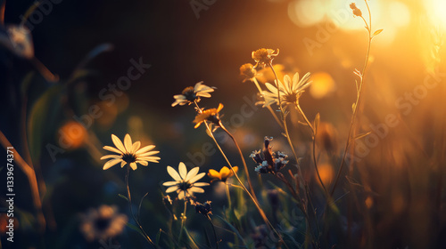 A close-up of wildflowers bathed in golden sunlight, set against a dark, moody background for a dramatic contrast