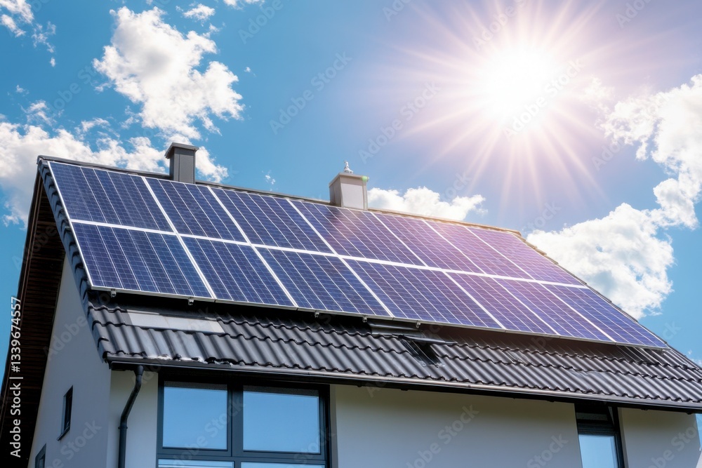 Fototapeta premium Close-up photograph of solar panels on the roof of a modern family house, with a beautiful sky