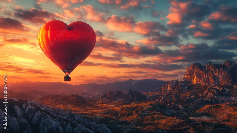 Fototapeta premium Heart Shaped Hot Air Balloon Soaring Over Sunset Mountains