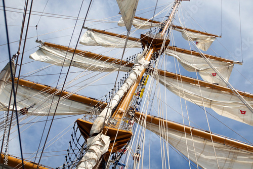 Contre-plongée sur les mâts imposants d’un voilier, où se mêlent cordages et gréements. Une scène maritime captivante sous un ciel limpide, évoquant la grandeur des grands voiliers.