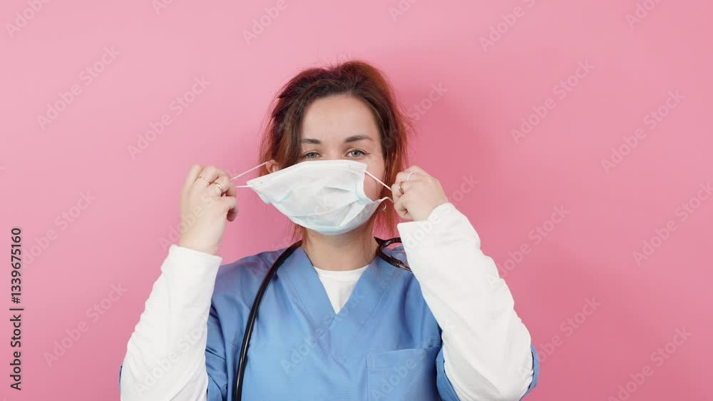 Young beautiful woman caucasian doctor in blue uniform wearing medical mask on isolated pink background Young beautiful woman caucasian doctor in blue uniform wearing medical mask on isolated pink background