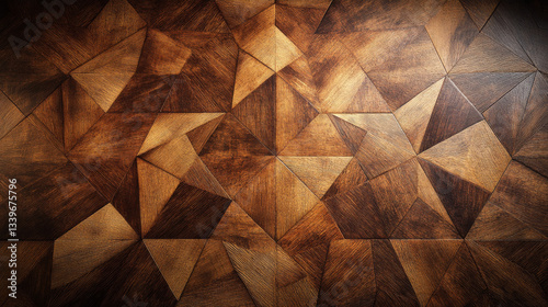 A futuristic parquet floor design featuring an intricate 3D geometric wooden pattern with rumpled triangular textures