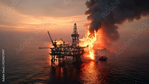 Fire is burning on a platform in the ocean. The sky is orange and the water is dark