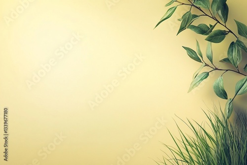 Easter Background, Easter Banner, Pastel Yellow Background with Lush Green Leaves and Grass Nature Inspired Design Spring Theme