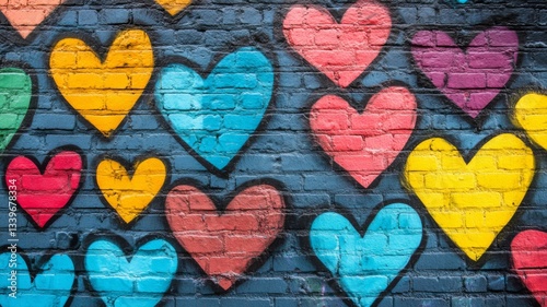 Colorful Hearts Painted On A Brick Wall