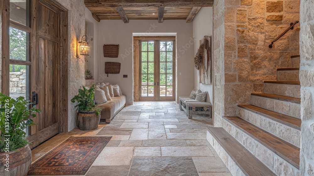 Entrance hall featuring stone tile walls and rustic wooden elements for a natural vibe