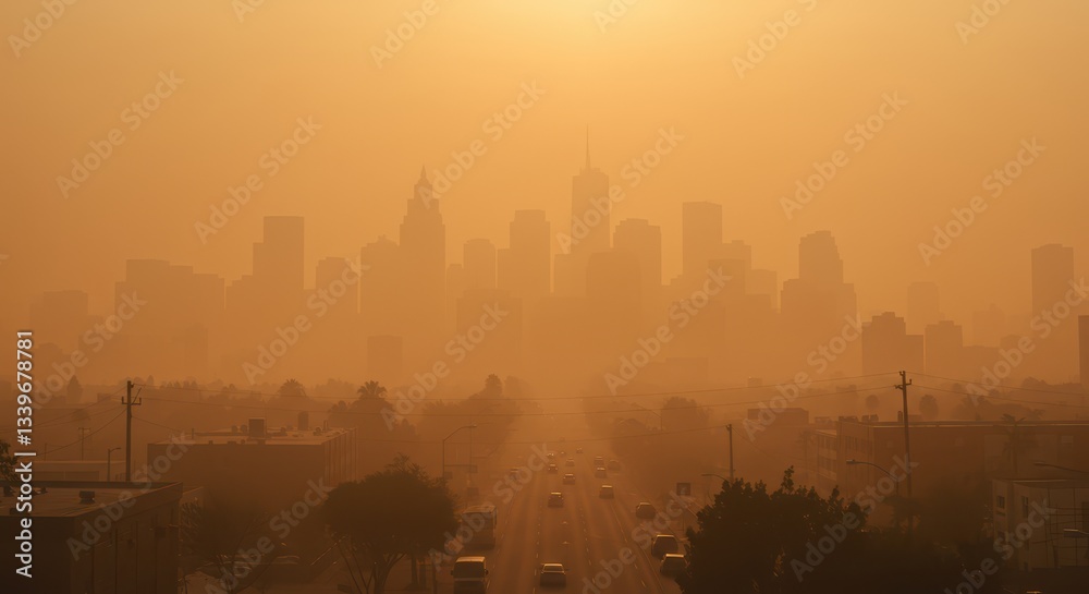 Obraz premium City Skyline View Overlooking Streets on a Hazy Day