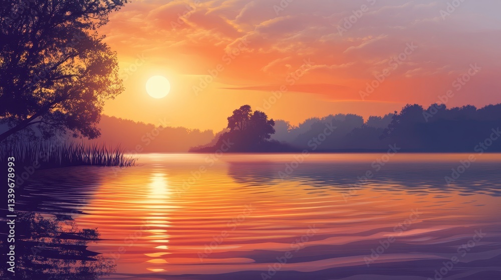 Serene Sunset over Calm Lake and Silhouetted Trees Serene Sunset over Calm Lake and Silhouetted Trees
