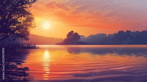 Serene Sunset over Calm Lake and Silhouetted Trees